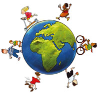 Logo mit Weltkugel und Kinder